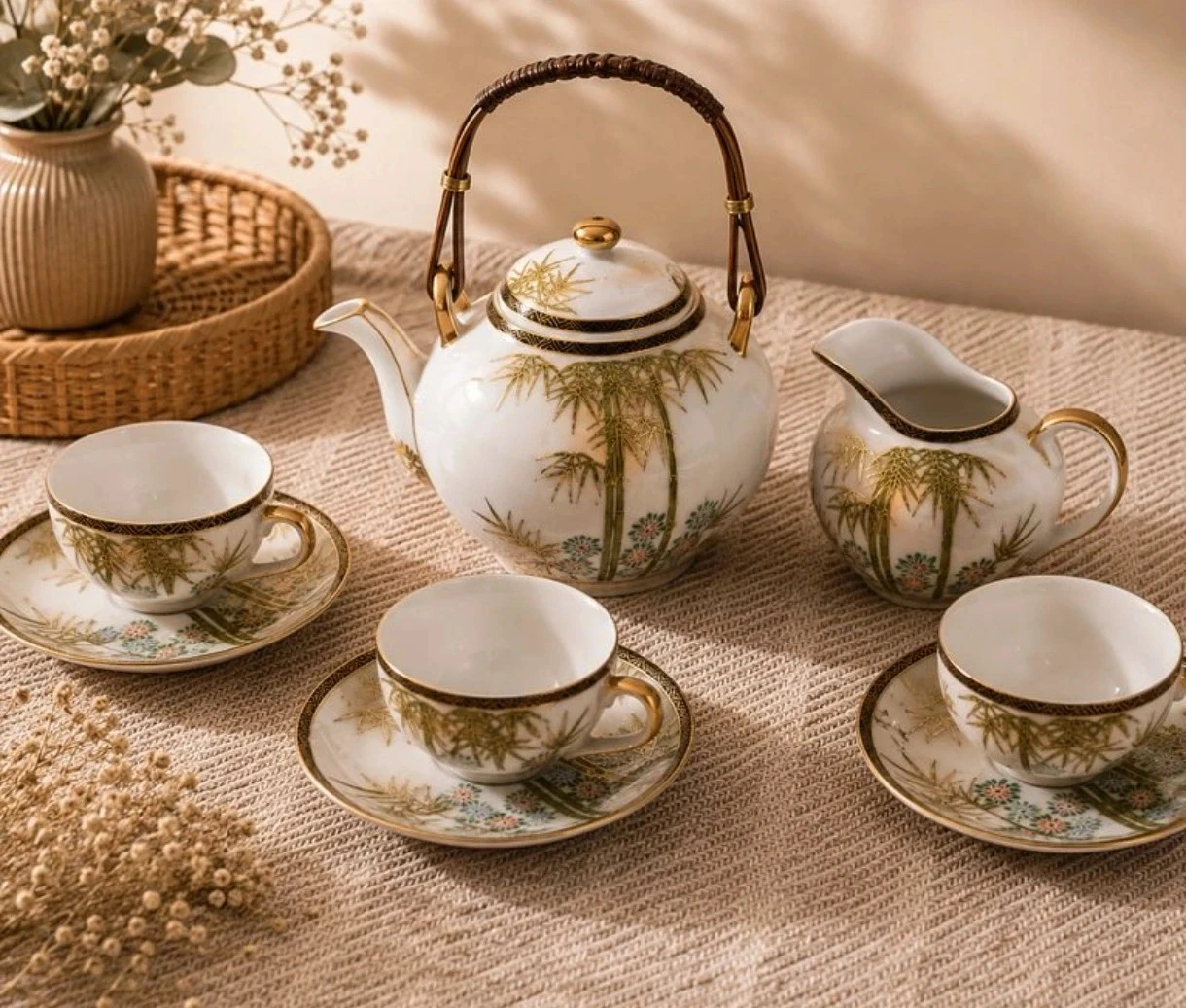 Service à thé japonais vintage en porcelaine – Made in Japan – décor bambou